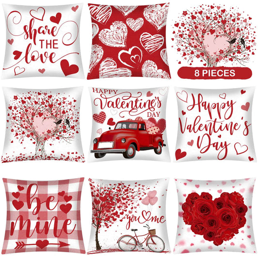 8 Pieces Valentines Day Throw Pillow Covers Valentines Day Pillow Cases Heart Pillow Covers 18 x 18 Inch Decorative Cushion Cover Valentines Day Pillowcase for Sofa Bed (Rustic Love)