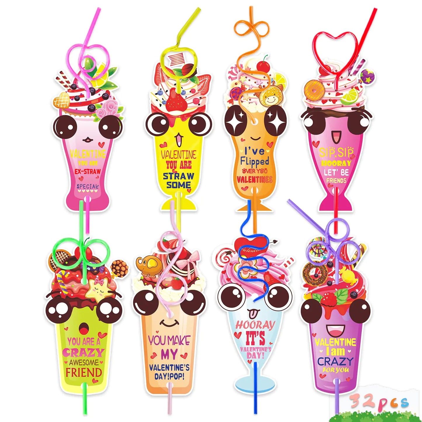 Valentines Day Gifts for Kids Valentines Day Cards for Kids 32 Pack Valentine Cards and Drinking Straws Reusable Valentines Day Straws Kit for Boys Girls Valentine Exchange Cards for Kids