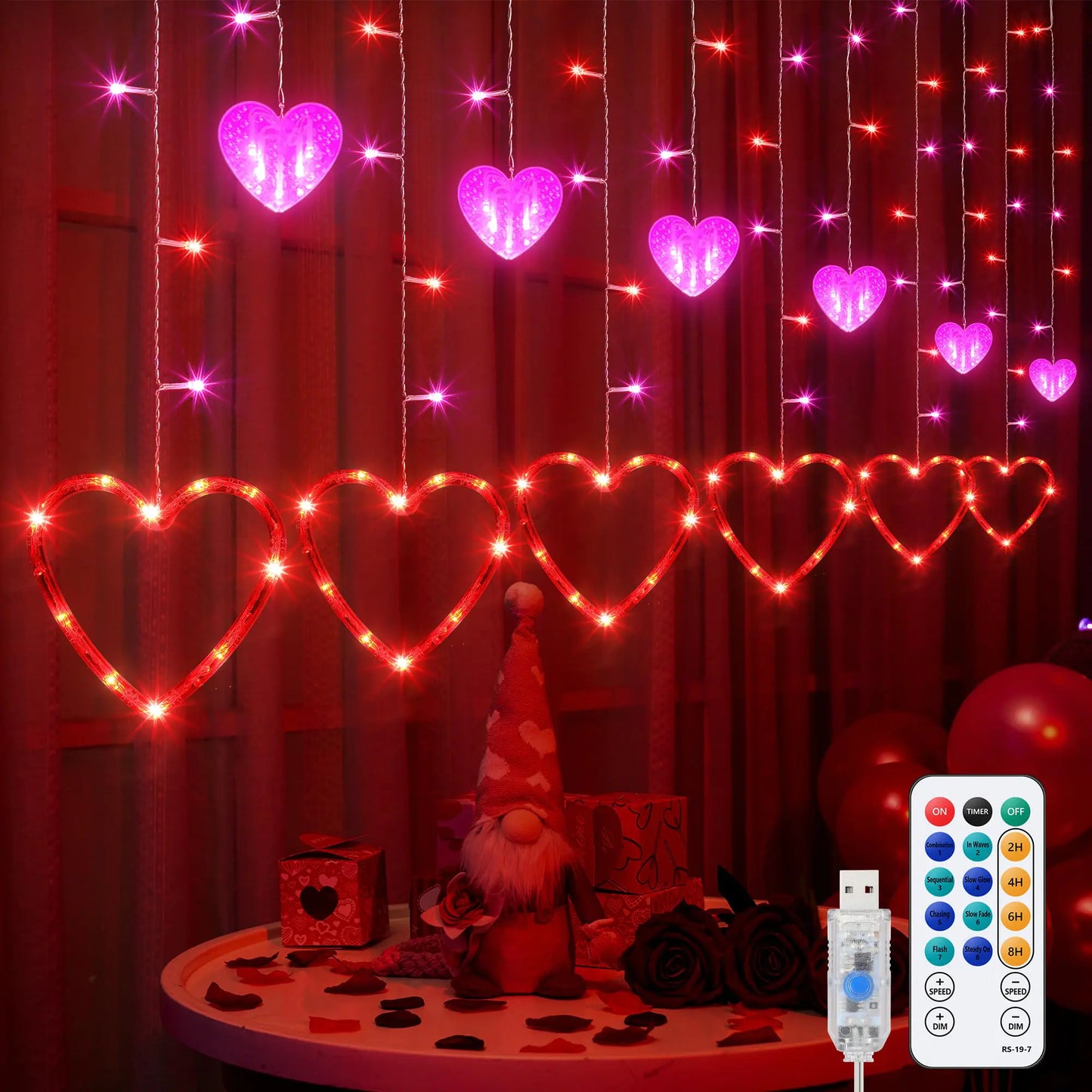 Valentines Day Window Lights Love Hearts Valentine Curtain Hanging Lights Plug in with Remote 8 Lighting Modes Valentine Red Decor for Window Valentines Day Decorations(Classic Valentines Day)