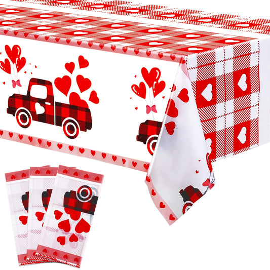 Tegeme 3 Pack Valentines Day Tablecloth Disposable Thick Valentines Day Table Cover Plastic Rectangular Red Heart Tablecloths Valentines Day Party Supplies Wedding Anniversary Decor