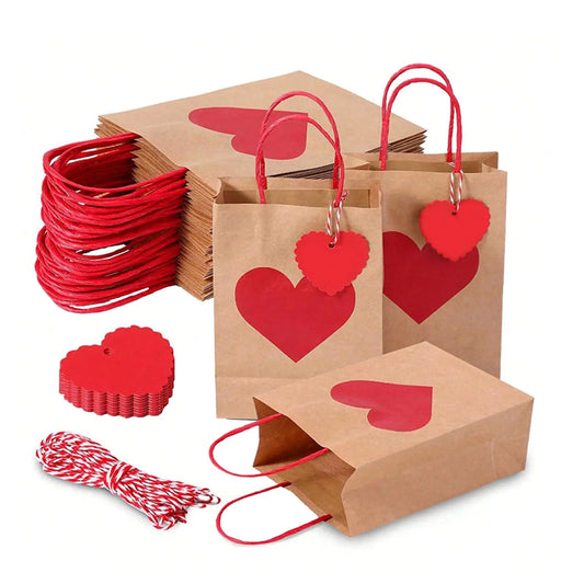Senlwod 24 Pieces Valentines Day Red Heart-shaped Gift Bags Valentines Day Gift Bags with Handles Valentines Day Heart Goodie Bags with Tags for Dating Wedding Birthday Party Favor Decorations