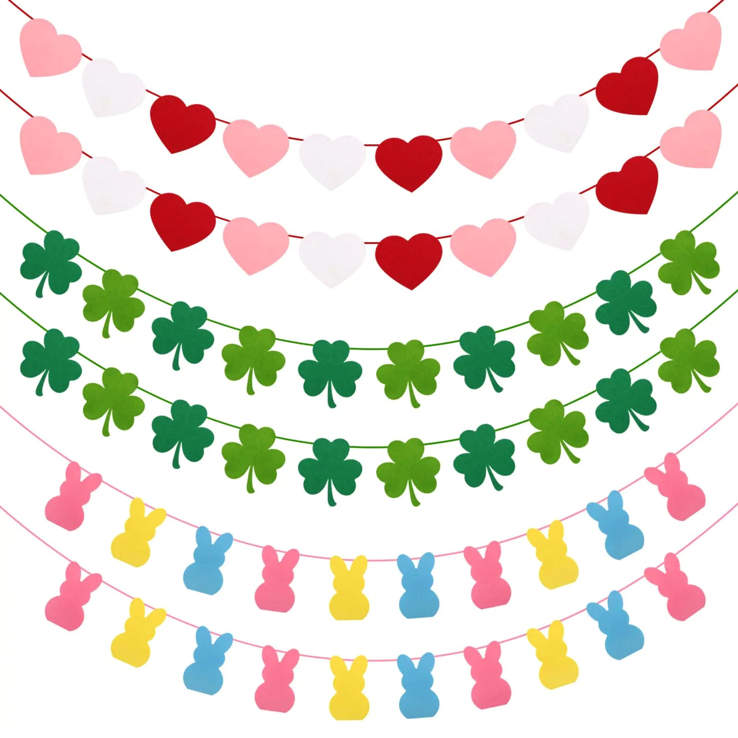 Valentines Day Decorations 6pcs Felt Valentine Heart Garland Versatile Hearts St. Patricks Day Shamrock Easter Bunny Valentines Day Banner for Home Mantel Wall Office Valentines Day Decor