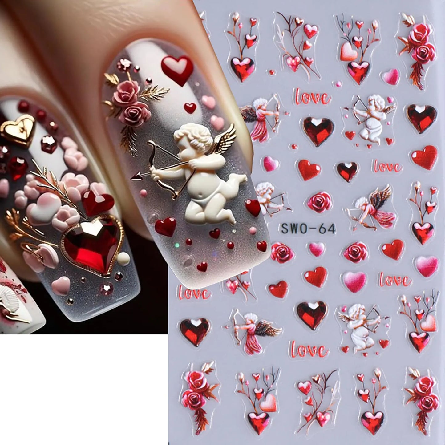 Valentines Day Nail Stickers for Women Red Heart-Shaped Lips Cupid Roses Design Valentines Day Nail Decals 3D Self Adhesive Nail Tip Valentines Day Nail Art Supplies Holiday Nail Decor for Women