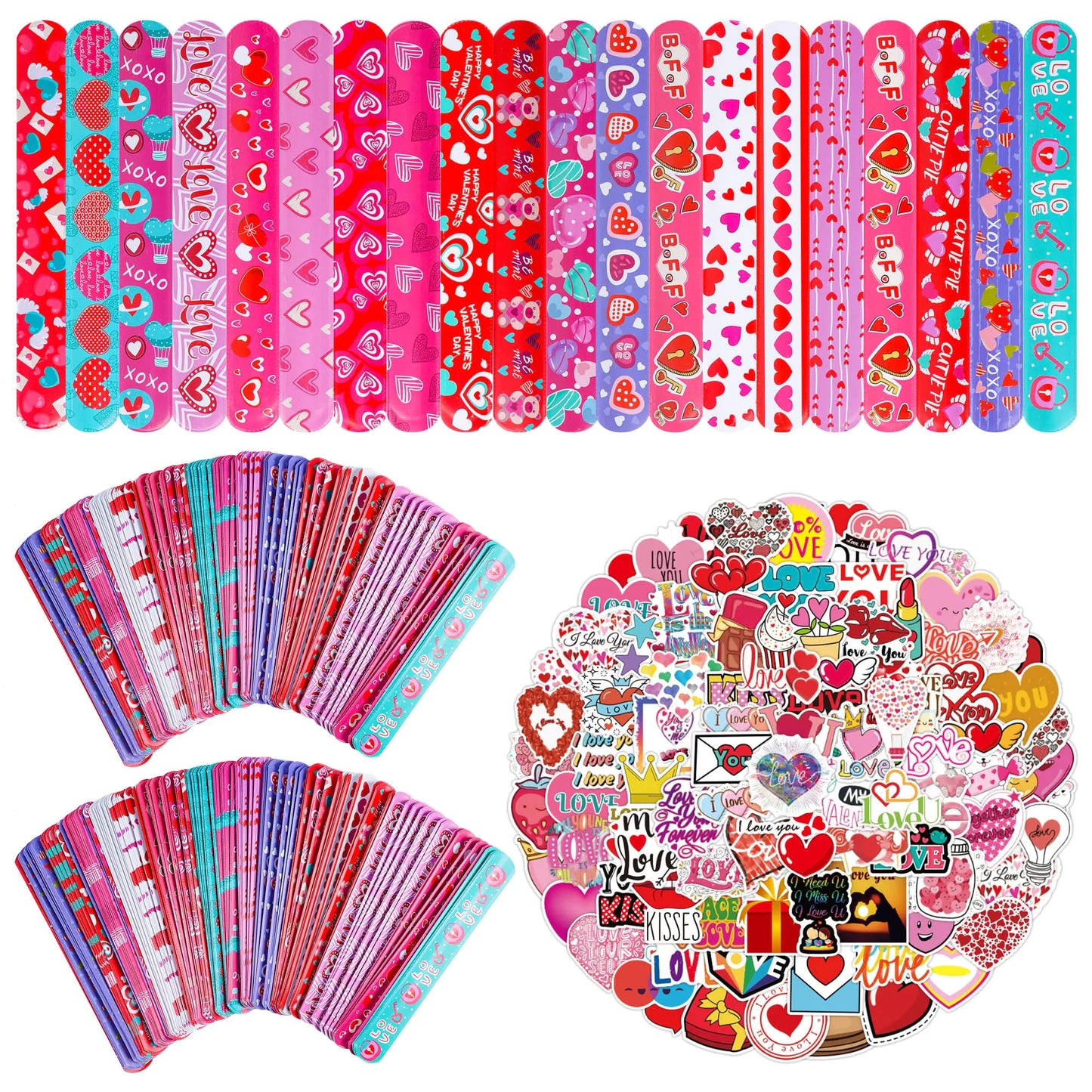 Kolewo4ever 400 Pieces Valentines Day Gifts Set:200 Pieces Valentines Day Slap Bracelets Lovely Heart Slap Bracelets 200 Pieces Valentines Day Stickers for Party Supplies