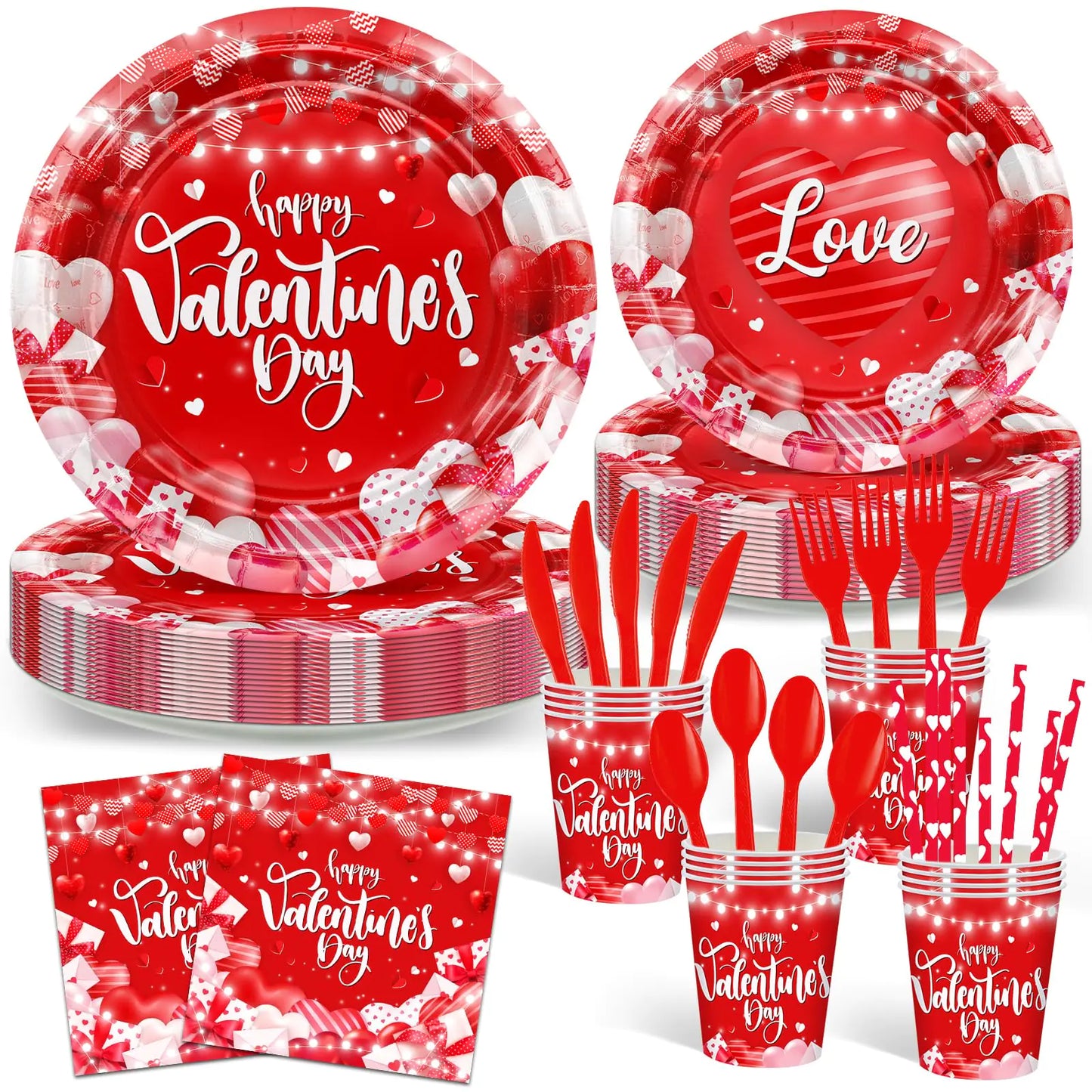Avezano 192 Pcs Valentines Day Plates and Napkins Happy Valentines Day Paper Plates Red Valentines Day Disposable Dinnerware Set Serve 24