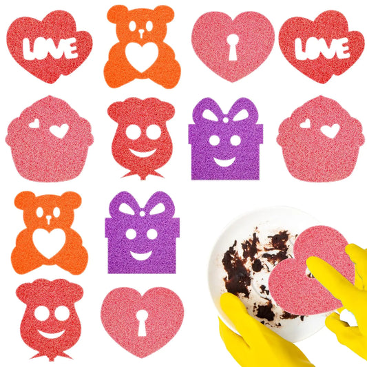 12 Pack Valentines Day Sponges Valentines Day Kitchen Decor Valentines Cleaning Sponges Kitchen Scrub Sponges Heart Rose and Bear Non Scratch Temperature Sensitive Scrubbing. (Valentines Day)