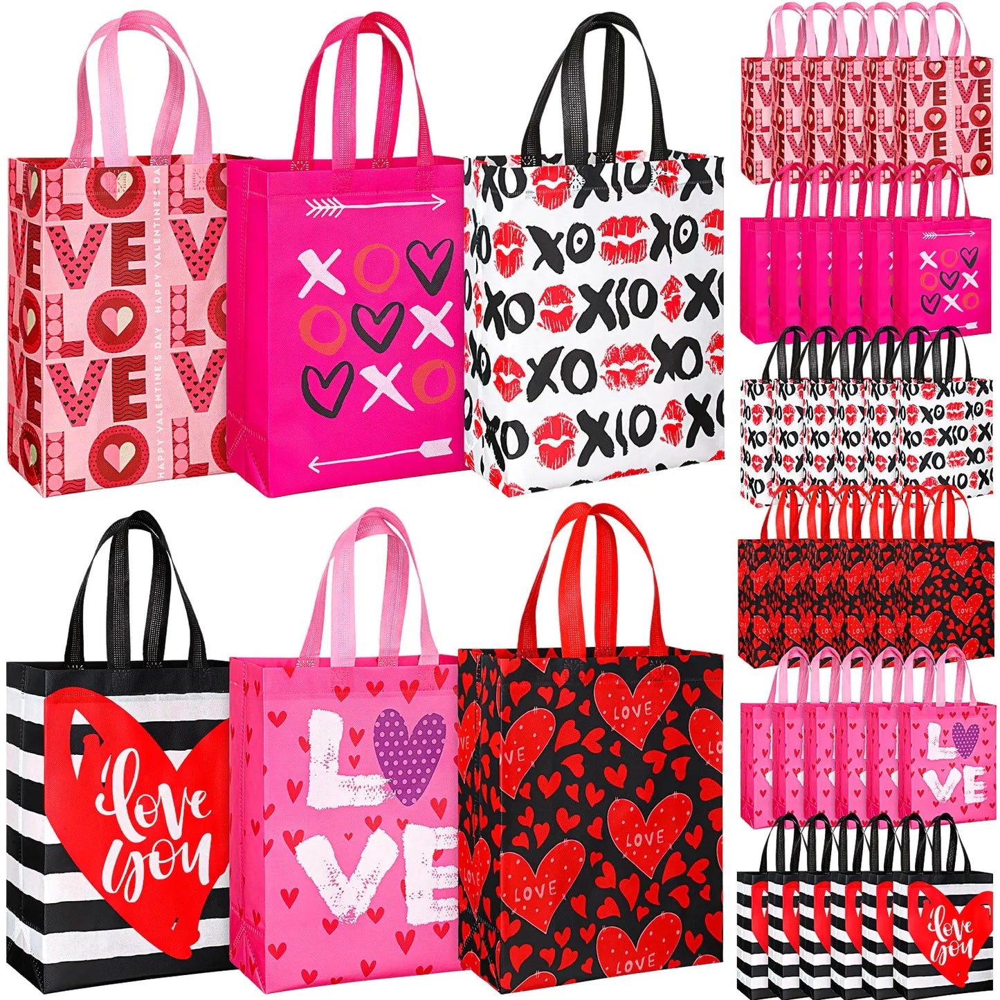 Sweetude 60 Pcs Valentines Day Gift Bags Valentines Day Tote Bags Valentines Day Reusable Non Woven Bag Treat Bags Pink Red Hearts Gift Bags with Handles for School Party Favors 12.6 x 9.84 Inch