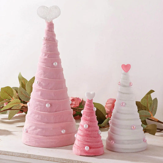 Bunny Chorus Valentines Day Decorations 3Pcs Pink & White Velvet Cone Valentines Day Tree with Pearls Valentines Decor Valentines Table Decor for Valentines Day Home Décor Valentine Gift for Her