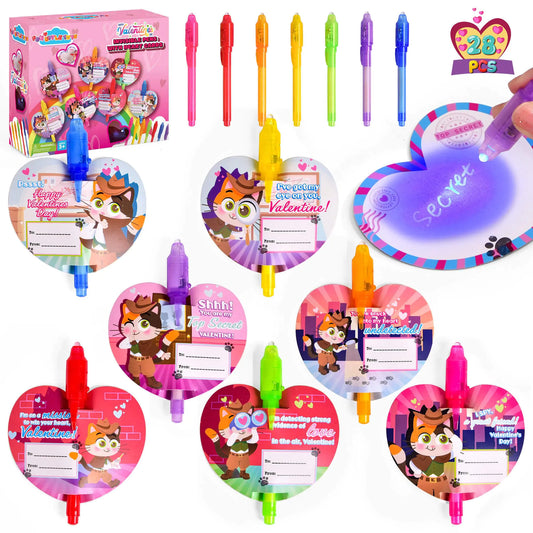 FUN LITTLE TOYS Valentines Day Gift Cards For Kids - 28Pcs Upgraded Invisible Ink Pens 28Pcs Valentines Day Gift Cards Writing Secret Information Valentines Day Party Gift