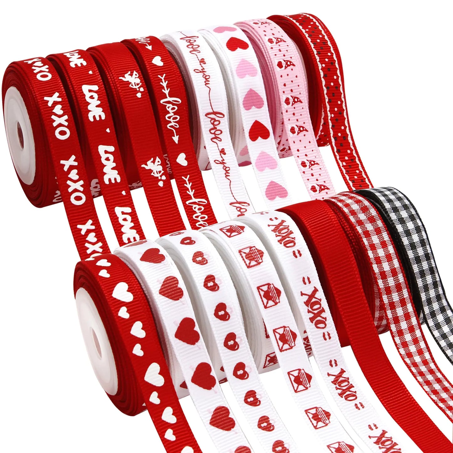 VATIN Valentines Day Ribbons 3/8 Inch x 240Fts(16 Rolls x 15Ft) Valentines Day Trims Grosgrain Ribbons Hearts Printed Ribbon for Valentines Day Wedding Gift Wrapping DIY Crafts