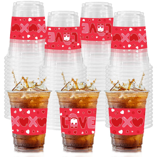 50 Count Valentines Day Party Cups 12 oz Valentines Day Disposable Clear Plastic Party Cups for Valentines Day Drinkware Beer Beverage Ice Cream Snacks Party Decoration Supplies
