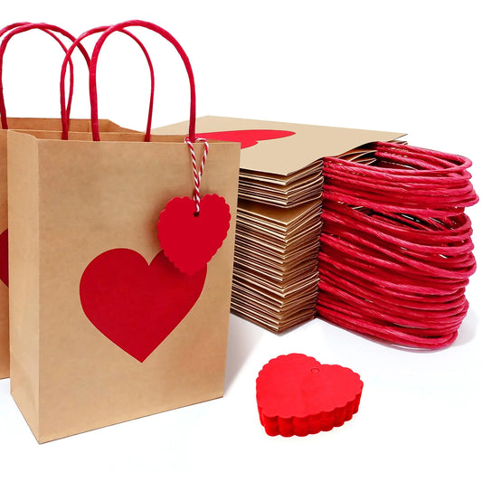 Kidum 36 Pieces Valentines Day Gift Bags with Tags valentines Day Party Favor Bags with Handles Valentines Day Goodie Bag Heart Love Paper Bags for Wedding Birthday Baby Shower
