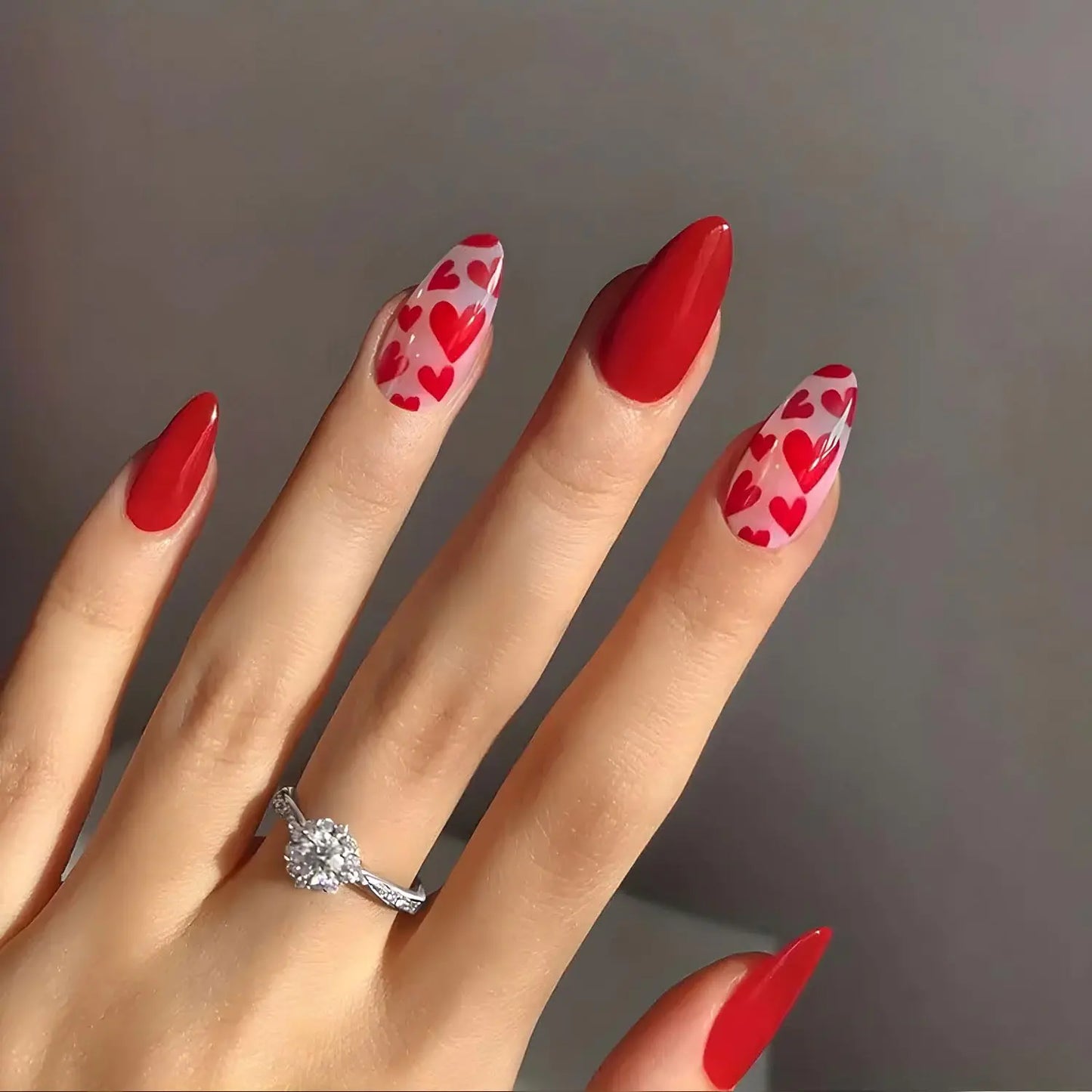 Valentines Day Press On Nails Almond Medium 24Pcs Valentines Day Fake Nails Red Heart Full Cover Glossy Stick On Nails Valentines Day Nail Accessories for Women Girls (Red Heart Almond)