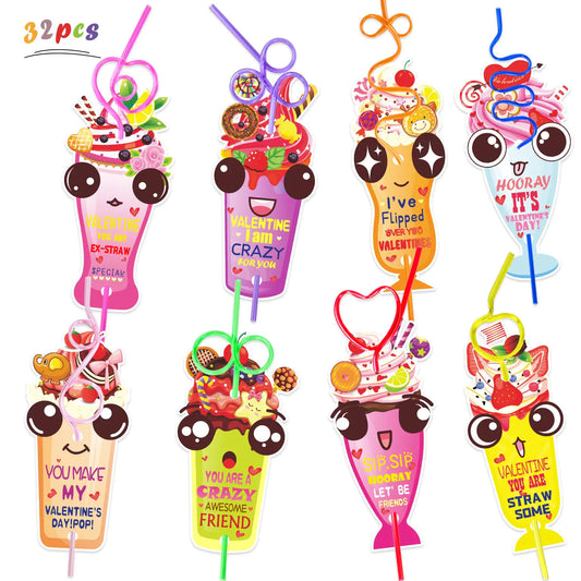 GYQMBT Valentines Day Gifts for Kids32 Packs Crazy Straws Valentines Day Gifts Cards for Kids Reusable Valentines Day Straws Kit for Boys Girls Valentine Exchange Cards for Kids (Style 1)