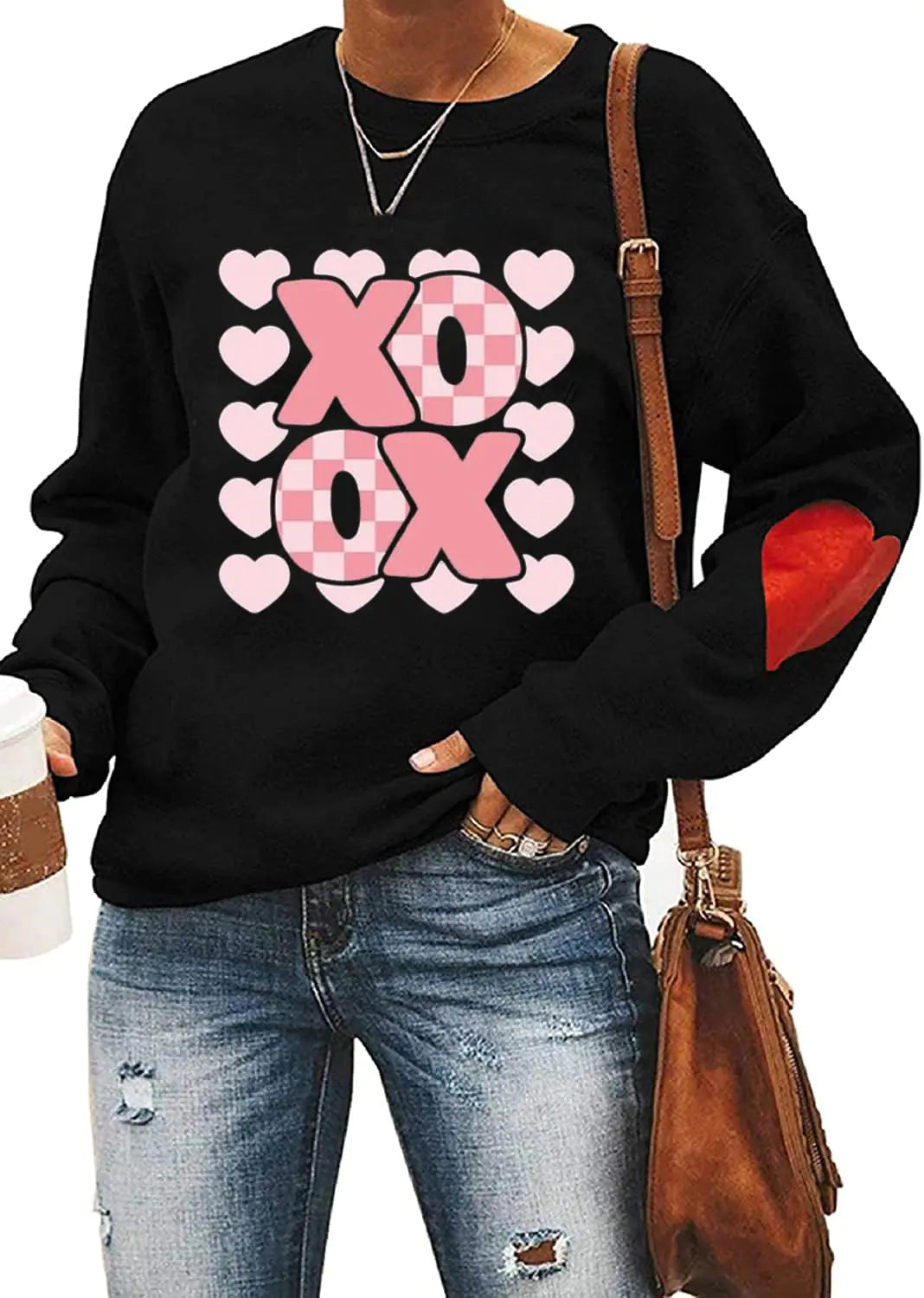 Ykomow Valentines Day Shirts Women Plaid Love Heart Valentines Day Sweatshirts Raglan Tops (XL XO-Black)