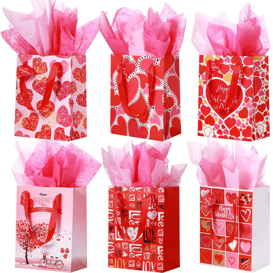 12 Pieces Valentines Day Gift Bags Valentine Theme Paper Handles Bags Valentines Day Love Goodie Bags with Tissue Paper and Heart Shaped Tags for Valentines Day Party Favors Gift Wrapping