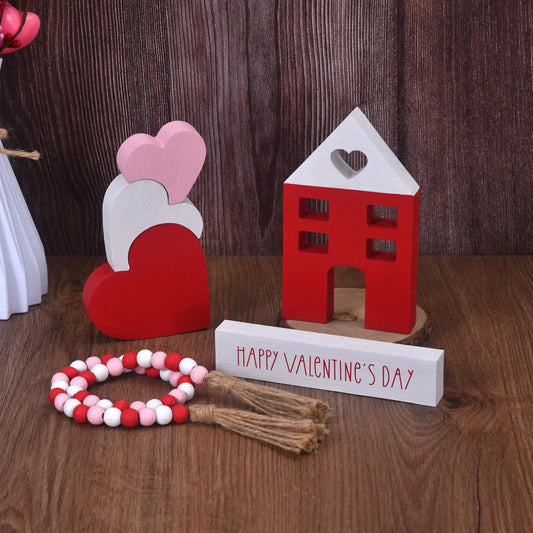 Valentines Day Tiered Tray Decor 6-Piece Wooden Heart & House Table Decorations for Valentines Day with Wood Bead Garland with Tassel Happy Valentines Day Decor for The Home Mantels (3 Colors)