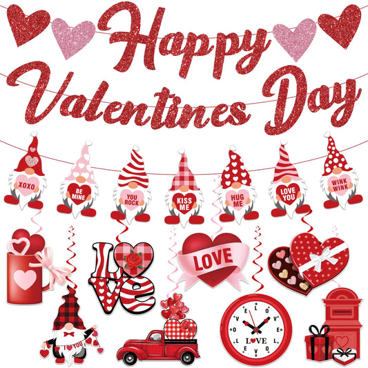 Valentines Day Decorations NO-DIY Valentines Party Decorations Includes Glitter Happy Valentines Day Banner Valentines Day Party Supplies Hanging Swirls Valentines Hanging Decorations for Office