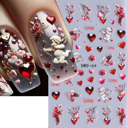 Valentines Day Nail Stickers for Women Red Heart-Shaped Lips Cupid Roses Design Valentines Day Nail Decals 3D Self Adhesive Nail Tip Valentines Day Nail Art Supplies Holiday Nail Decor for Women