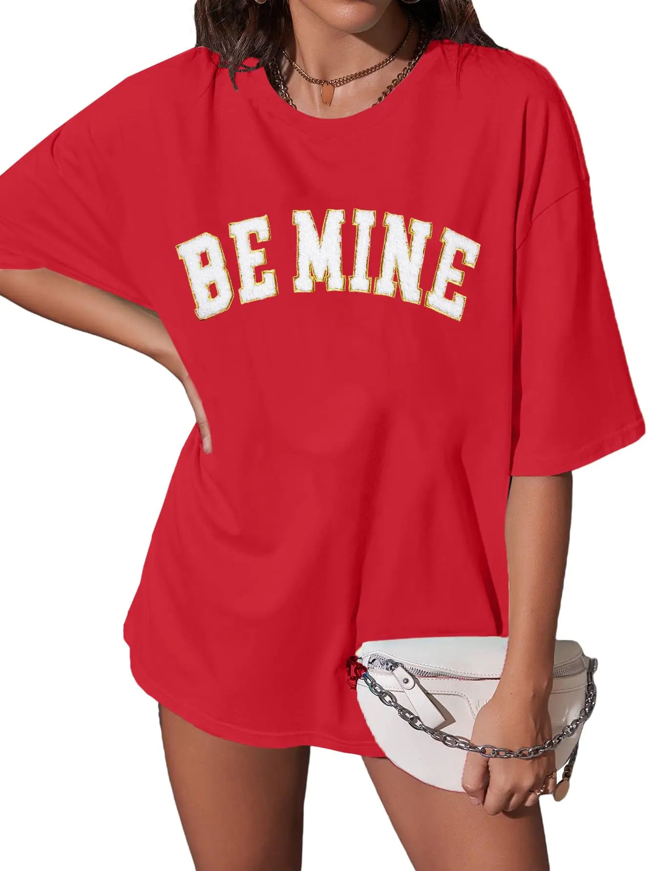 Be Mine Valentines Day Shirts: Women Towel Embroidery Letter Print Oversized T-Shirt Valentines Day Gifts Top